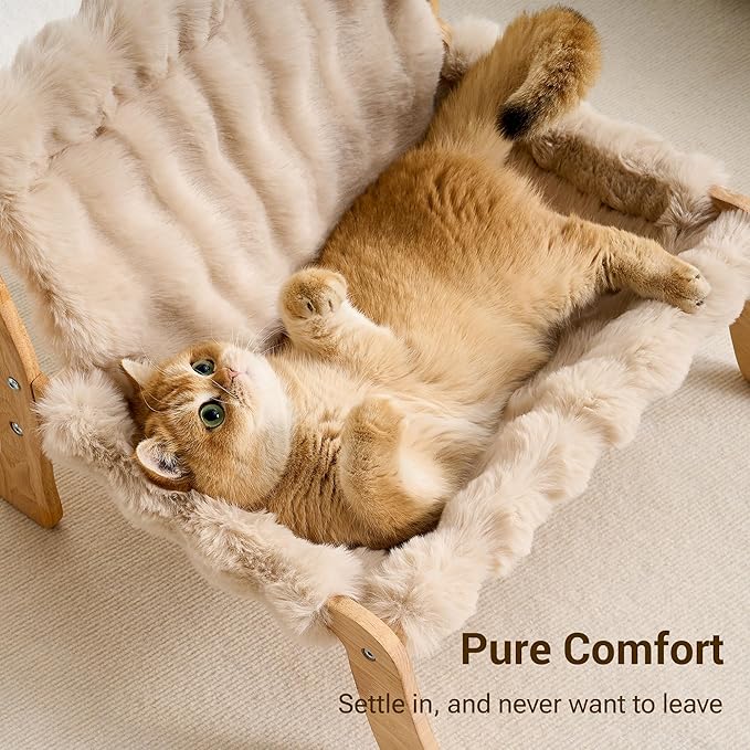Solid Wood Cat Couch Bed for Indoor Cats, Modern Cat Sofa with Ultra-Soft Plush Surface Washable, Reclined Backrest, Elevated Plush Cat Lounge for Small to Adult Cats, Soft Khaki