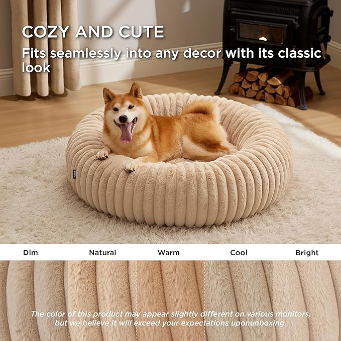 Bedsure ComfyFleece™ Donut Large Dog Bed - Washable Faux Fur with Corduroy Fleece & Anti Slip Bottom, Round Pet Bed with Removable Cover, Sandy Beige, 36x36x8 inches