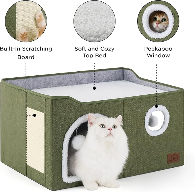 Bedsure Large Cat Beds for Indoor Cats - Extra Wide Cat Cube House for Small Pet with Fluffy Ball Hanging and Scratch Pad, Foldable Pet Cave Hideaway for Multiple Cats, 23.6x16.9x13 inches