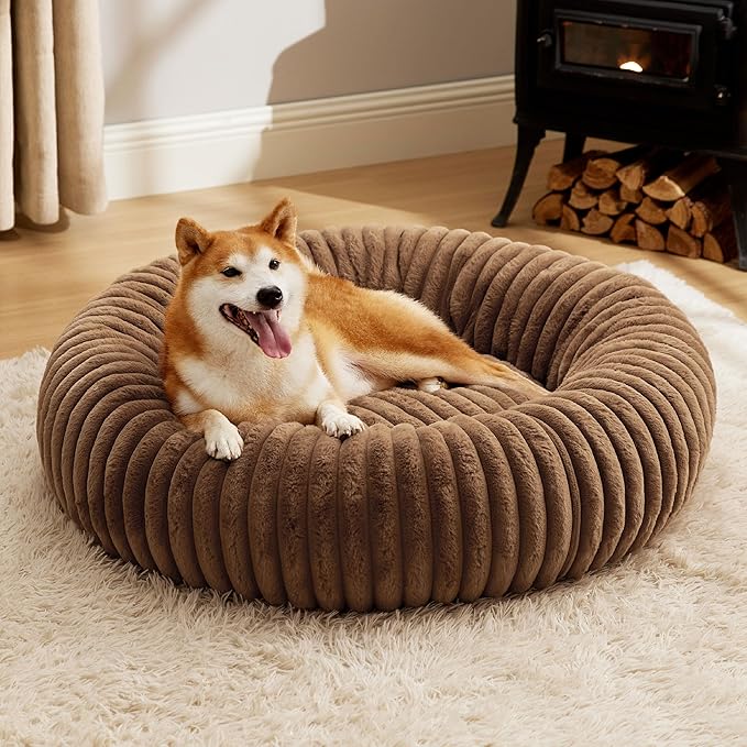Bedsure ComfyFleece™ Donut Large Dog Bed - Washable Faux Fur with Corduroy Fleece & Anti Slip Bottom, Round Pet Bed with Removable Cover, Camel Brown, 36x36x8 inches
