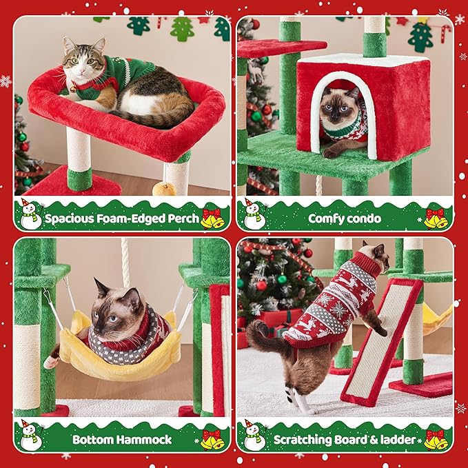 Yaheetech 63in Christmas Cat Tree with Cozy Condo, 7 Scratching Posts, Scratching Ladder, Hammock, Large Cat Tower Holiday Pet Climbing Furniture for Kittens to Play and Sleep