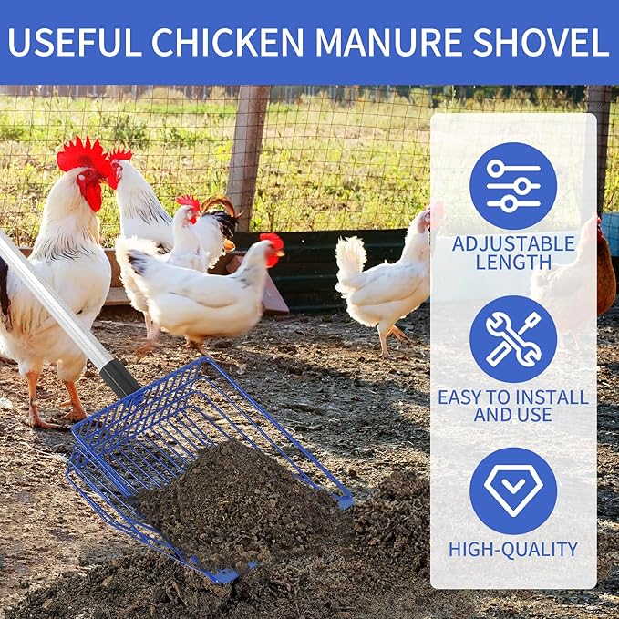 Jonkehai Chicken Poop Scooper 6inch Metal Chicken Litter Scoop Extendable Metal Cat Litter Scoop 23 to 42" Long Chicken Coop Litter Scoop Litter Sifting Shovel Chicken Coop
