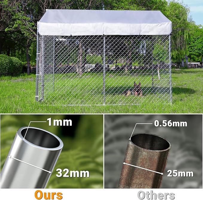Outdoor Dog Kennel Large with Roof, Dog Run Enclosure, Large Outside Heavy Duty Dog Pens House Pet Playpen with Galvanized Chain Link Waterproof Cover (10'Lx6'Wx7.65'H)
