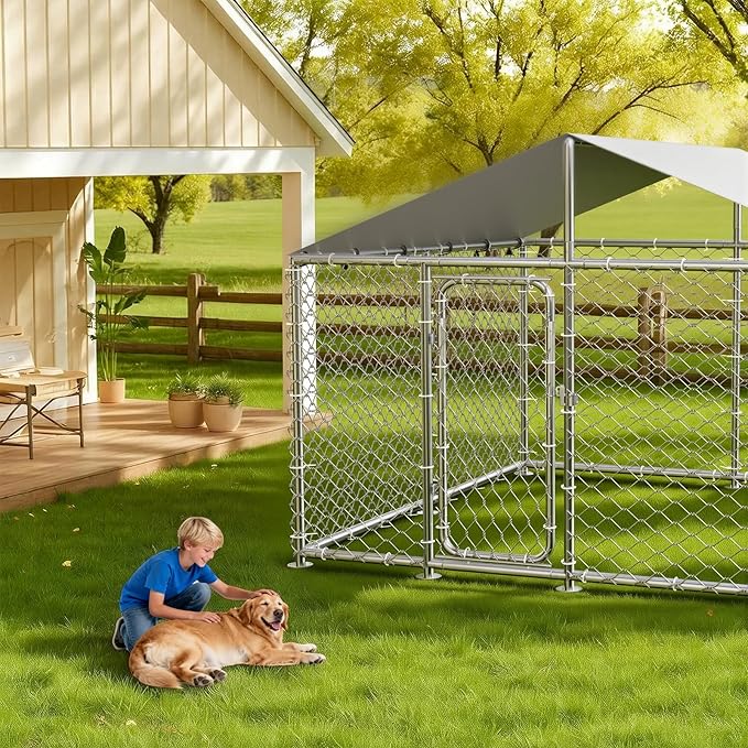 7.8'x7.8' Outdoor Dog Kennel, Heavy-Duty Dog Enclosure with Wire Mesh Fence, Lock & Waterproof Cover for Large Dogs