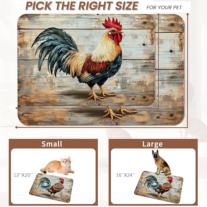 Rooster Dog Food Mat for Floors,Vintage Wood Panel Absorbent Quick-Dry Pet Feeding Mat,Cat Dog Bowl Mats for Food and Water,Non-Slip Pet Accessories Supplies 12"x20"