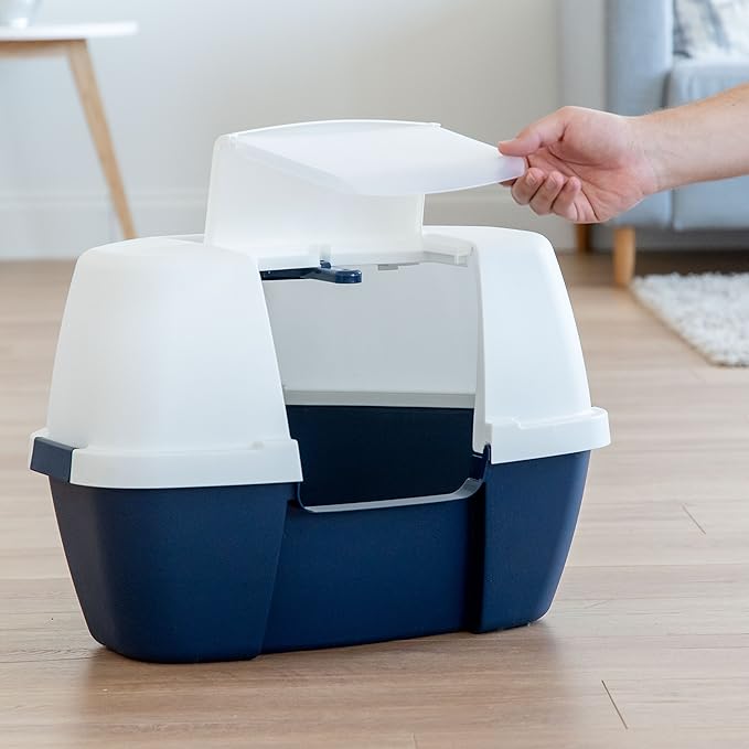 IRIS USA Corner Cat Litter Box Enclosure with Scoop, Small Cat Litter Box with Lid, Corner Litter Box Enclosure for Kittens to Medium Sized Cats, Odor Defensive Hooded Litter Tray, Navy/White