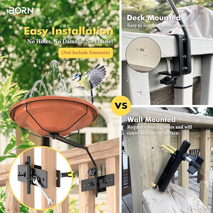 iBorn Bird Bath for Outside,Fence Mounted Bird Baths 12in,BPA-Free Bowl,360°Swivel & Adjustable Height Bracket,Detachable Bird Bath for Fence Railing, Pack of 1