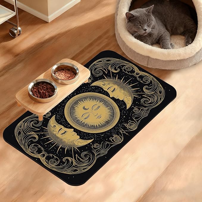 Dog Bowl Mat,Moon Sun Pet Feeding Mat for Floors Waterproof,Boho Vintage Absorbent Dogs Placemat for Food and Water Quick Dry Pet Cat Feeding Mats with Non Slip Bottom 12" x 20"