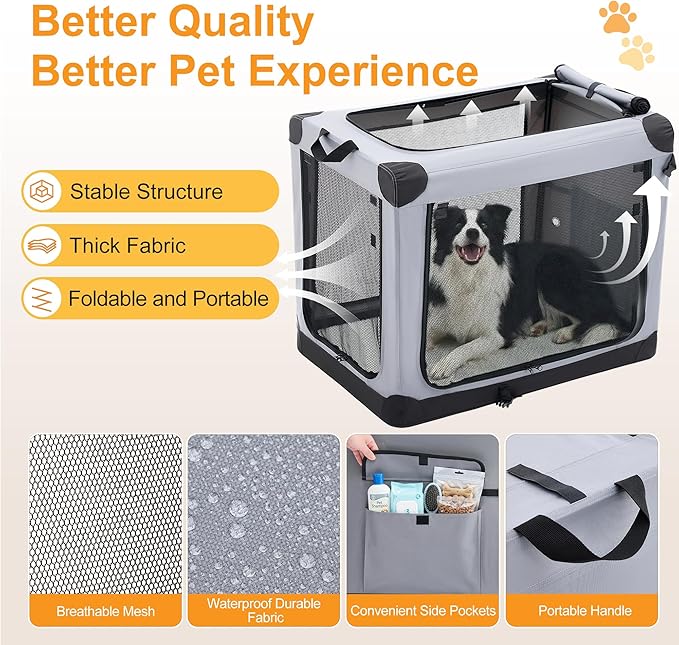 Dog Travel Crate 42 Inch, Portable Soft-Sided Travel Carriers for Dogs and Cats, Foldable Pet Kennel with 3-Doors Mesh Windows Indoor & Outdoor, Grey