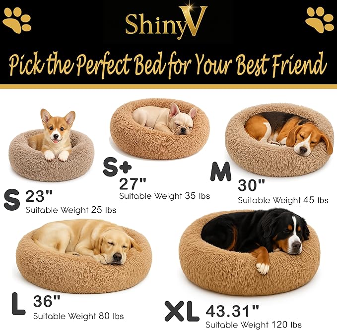 Calming Dog Bed - Fluffy Donut Cuddler for Anxiety Relief, Orthopedic Pet Bed with Non-Slip Bottom, Cozy Round Faux Fur Nest for Dogs and Cats, Plush Crate Mat for Comfort (Camel, Medium)