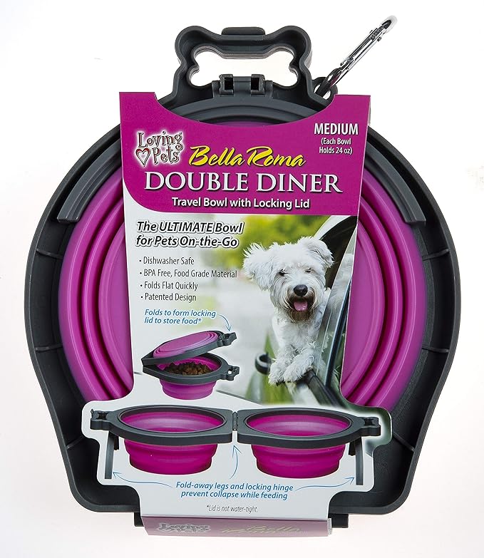 Loving Pets - Bella Roma Double Diner Portable Travel Dog Bowls Collapsible Combined Dog Food & Water Bowls (Pink, Medium)