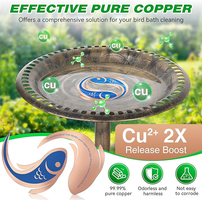 Saillong 2 Pack Bird Bath Copper Disk, Reinforced 99.99% Pure Copper Bird Bath Purification Disk for Physical Clean Water, Birdbaths Cleaner for Outdoor Birdbaths, Bowl and Garden Fountain (Fish)