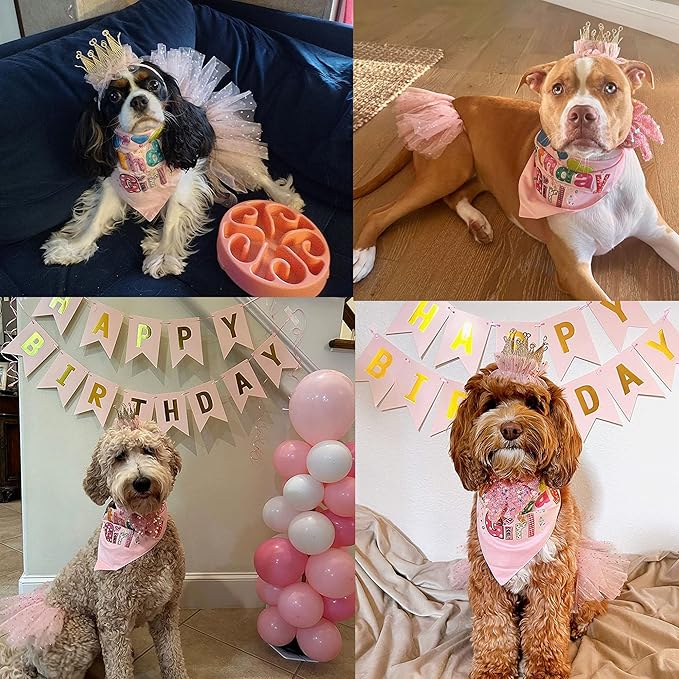 ADOGGYGO Dog Birthday Hat Bandana Girl - Puppy Birthday Party Supplies - Pink Tutu Hat Scarf Bow Banner Set for Small Dogs (Small)