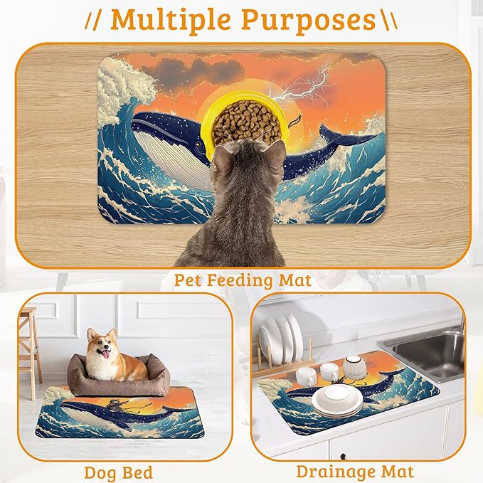 Dog Bowl Mat,Cat Shark Pet Feeding Mat for Floors Waterproof,Ocean Wave Absorbent Dogs Placemat for Food and Water Quick Dry Pet Cat Feeding Mats with Non Slip Bottom 12" x 20"