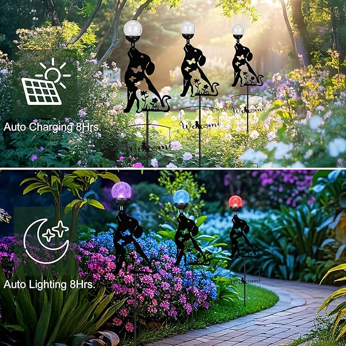 Solar Dog Light Outdoor Decorative,Metal Black Dog&Cat Silhouette Solar Garden Stake,Multi-Colored Changing Glass Ball with LED Light,Welcome Yard Sign Lawn Ornament Decor Gifts for Women