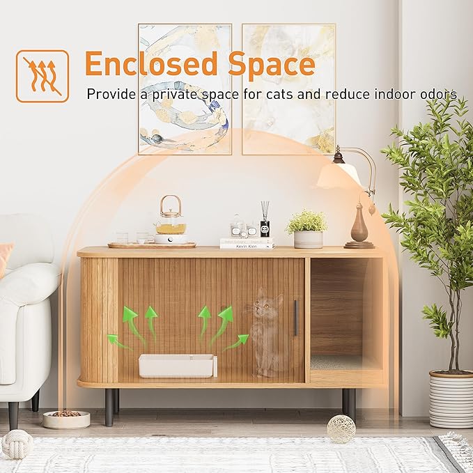 Cat Litter Box Enclosure with Cat Scratch Pad, Sliding Door, 37.4" Litter Box Enclosure Furniture Hidden Litter Box, Modern Indoor Cat House, TV Stand, Side End Table for Living Room, Natural
