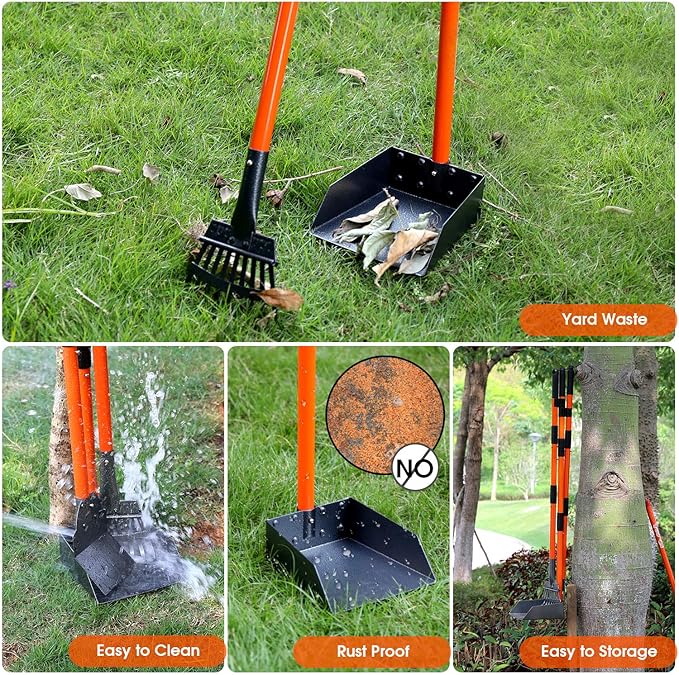Pooper Scooper, Detachable Long Handle Dog Pooper Scoopers with Heavy Duty Metal Rake, Tray & Spade, Durable Pooper Scooper for Large Medium Small Dogs, Great for Lawn, Grass, Dirt, Gravel, Yard
