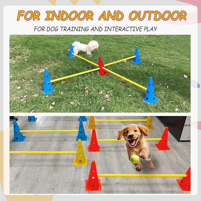 Dog Agility Hurdle Cone Set, Dog Agility Set Include 12 Agility Cones 6 Agility Rods, Dog Agility Equipment with Carry Bag(Blue+Orange+Yellow)