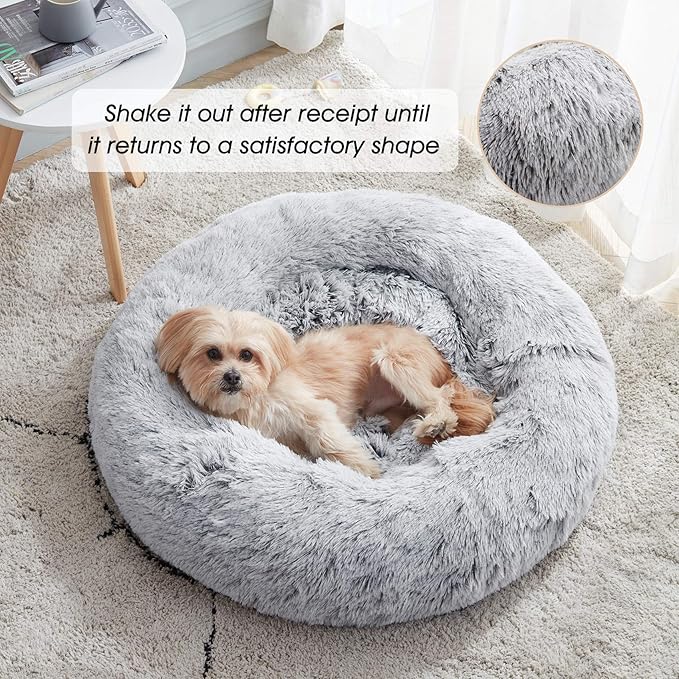 WESTERN HOME WH Calming Dog & Cat Bed for Small Medium Sized, Round Donut Washable Medium Dog Beds, Self Warming Fluffy Anti-Slip Indoor Cat Dogs Bed for Pet up to 35 lbs (27 Inches, Light Grey)