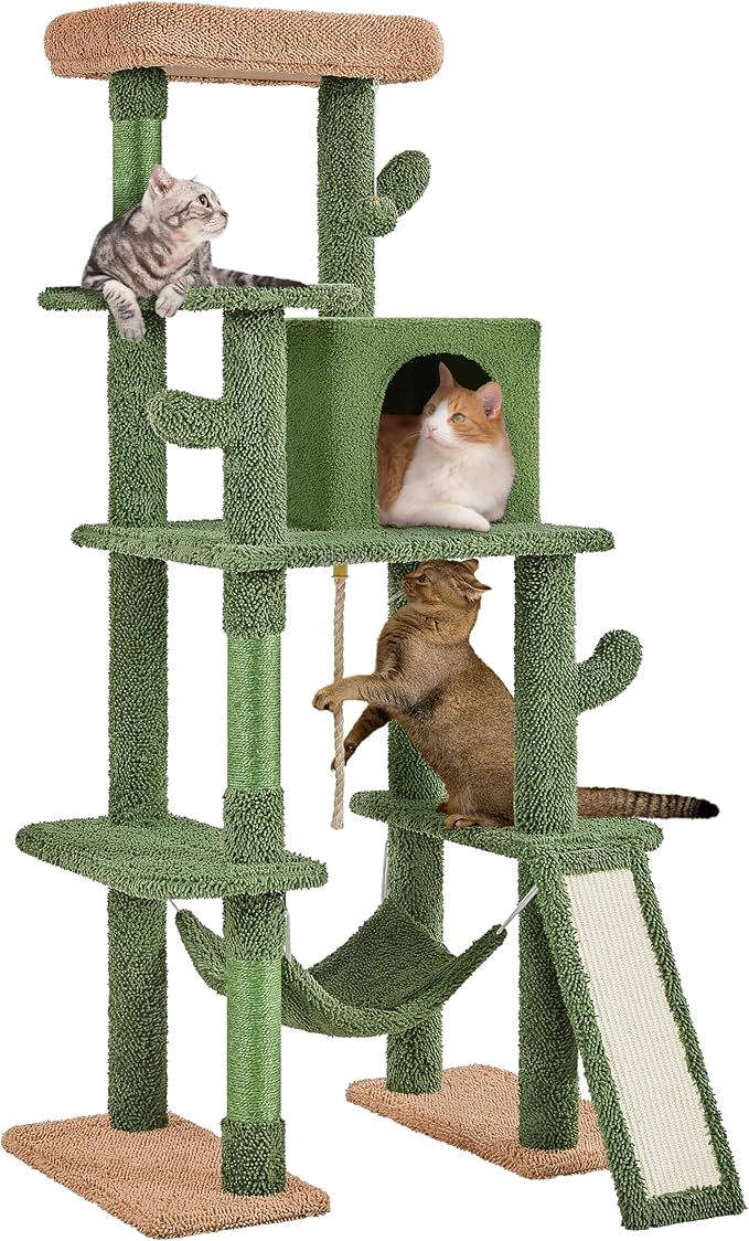 Yaheetech 63in Cactus Cat Tree, Multi-Level Tall Climbing Tower with Sisal-Covered Scratching Posts & Condo & Hammock, Pet Furniture Activity Center for Kitten
