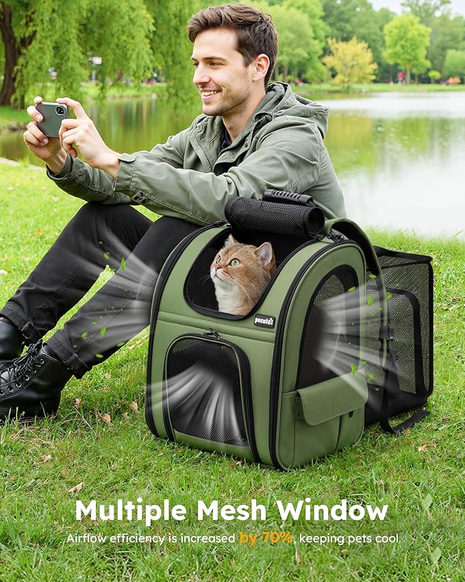 Pecute Expandable Cat Backpack Carrier, Backpack for Cats & Small Dogs Up to 11lbs, with 4-Side Breathable Mesh, Multi-Entry & Lockable Zippers for Travel, Hiking, Camping - Hands Free, Green