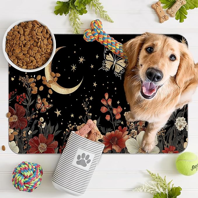Moon Butterfly Pet Feeding Mat,Vintage Garden Luxury Absorbent Quick-Dry Cat Dog Food and Water Bowl Mats,Non-Slip Rubber Backing Mat,Cat Dog Accessories Supplies 16"x24"
