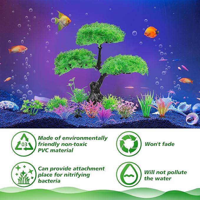 Ameliade Aquarium Artificial Plastic Plants Decoration, Aquarium Tree Decor Set, Goldfish Betta Fish Tank Decorations Hides Accessories (Green)