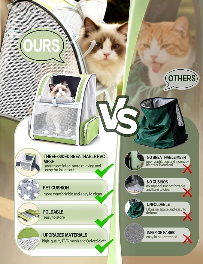 Green Cat Backpack Carrier with Washable Crate Bed Mat Breathable Cat Carrier Large Space for Medium Small Dog Puppy Kitty Bunny Ventilated Mesh Pet Backpack for Cats Travel Hiking Walking Outdoor Use