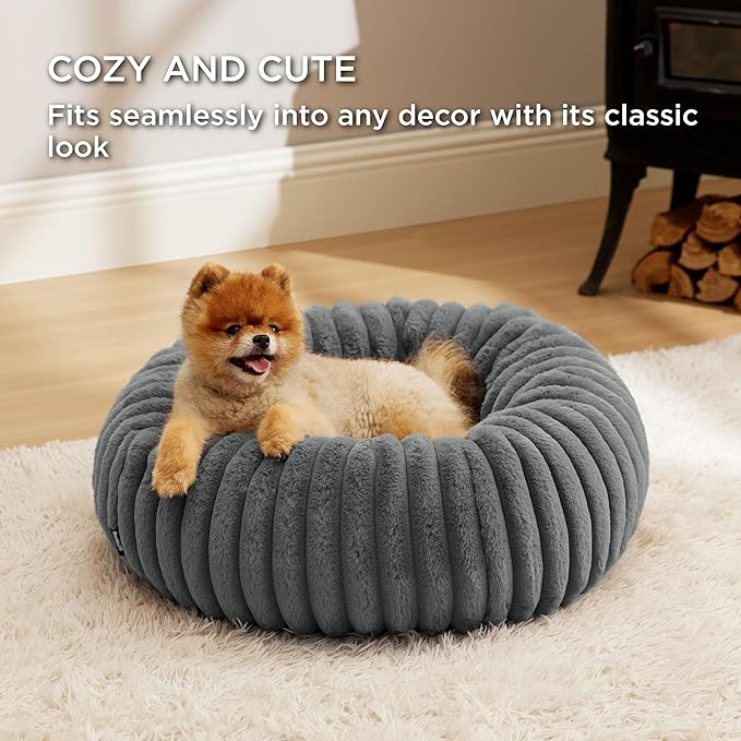 Bedsure ComfyFleece™ Donut Small Dog Bed - Dog Beds for Small Dogs with Corduroy Fleece & Anti Slip Bottom, Round Faux Fur Pet Beds with Washable Removable Cover, Warm Grey, 23x23x7 inches