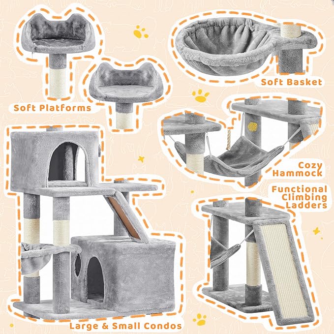 Yaheetech Cat Tree, 82.5in Large Tower w/Hammock, 2 Kitty-Ear Perches, 2 Cozy Condos, Scratching Posts, Basket, Furniture for Large Cats, Kittens, Light Gray