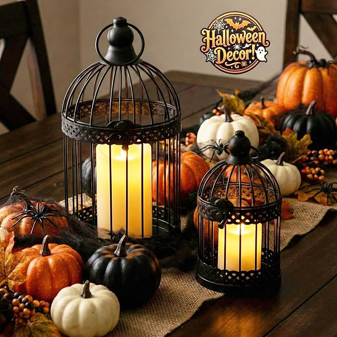 Vela Lanterns Bird Cage Decor Candle Holder Lantern Decorative Table Centerpiece Halloween Decorations, Black, Set of 4