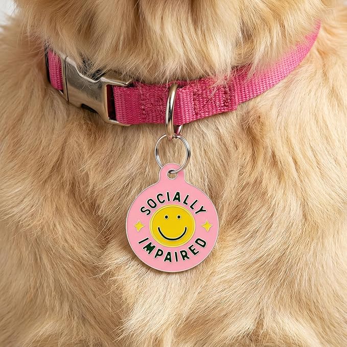 Bad Tags Personalized Dog and Cat ID Tags in 25+ Designs and 2 Sizes - 5 Lines of Custom Engraved Text - Funny Cute Personalized Pet Tags (Socially Impaired - Pink, Small (1 inch))