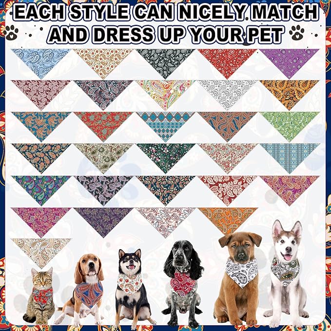 Aliceset 180 Pcs Paisley Dog Bandana Bulk Retro Bandanas for Dogs Adjustable Washable Pet Triangle Scarf Paisley Print Dog Kerchief Bibs for Small Medium Large Dog Cat Holiday Costume Accessories