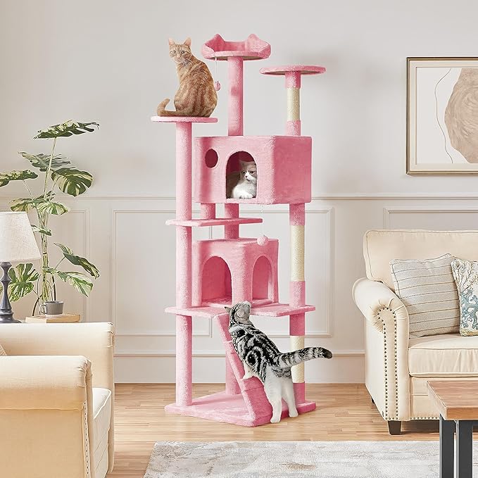 Yaheetech XL Cat Tree, 80in Multi-Level Cat Tower w/Scratching Posts, Double Condo, Perched Platforms and Dangling Balls, Pet Activity Center for Kittens, Pink