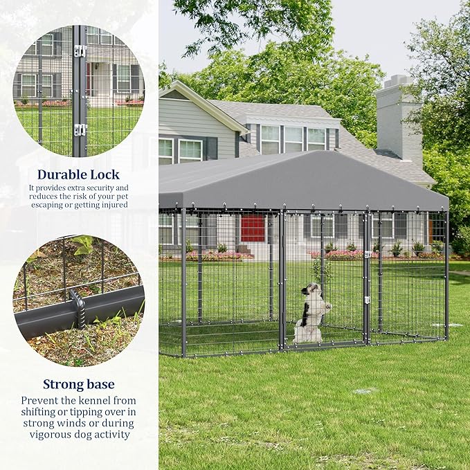 Kullavik 10x10x6 FT Large Outdoor Dog Kennel,Anti-Rust Galvanized Steel Dog Pen with Double Locks,Heavy Duty Dog Enclosure Fence with UV & Water Resistant Roof Cover for Outside