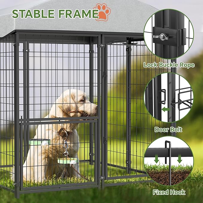 Mr IRONSTONE Outdoor Dog Kennel Heavy Duty Metal Dog Enclosure with Roof, Rotating Food & Water Feeder, Waterproof Covered Large Dog Run for Backyard, Secure Lock Design (4'L x 4'W x 4.4'H)