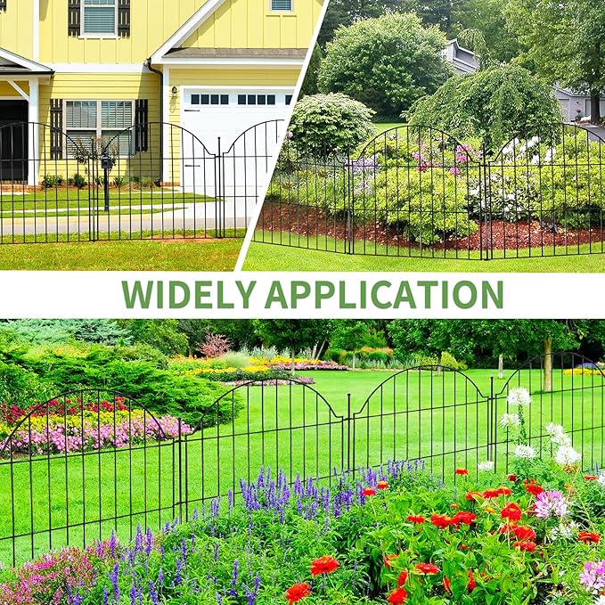 Decorative Metal Garden Fence with Gate Lock 5 Panels, 24in (H) x 10ft (L) No Dig Dog Fence Outdoor for Yard, Temporary Rustproof Metal Wire Rabbit Dog Garden Border Fencing for Patio