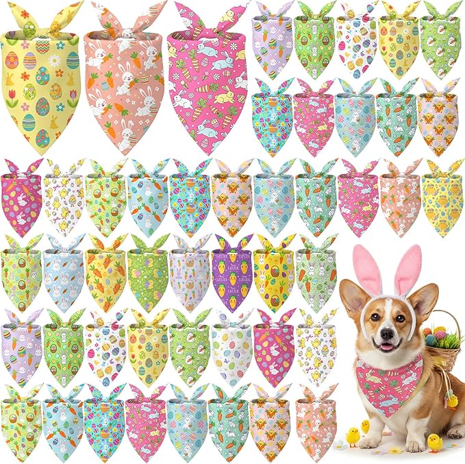 Abbylike 50 Pcs Easter Dog Bandanas Bulk Bunny Egg Carrot Bandanas for Dogs Triangle Kerchief Bibs Scarf Set for Pet Easter Costume Photo Props Accessories Pet Shops, 25 Styles (25.6 x 17.7 x 17.7)