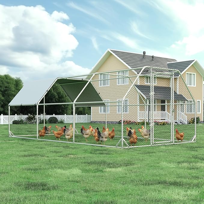 Large Metal Chicken Coop, Walk-in Chicken Run with Reinforced Wire Mesh, Water-Resistant & Anti-UV Cover, Poultry Cage for Hens, Ducks and Rabbits, Outdoor Backyard Farm Pen, 9.2’Lx18.7’Wx6.4’H