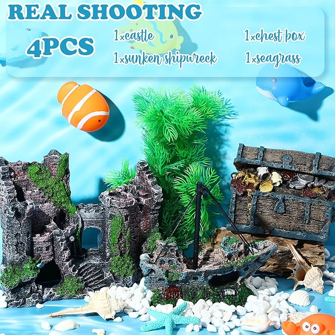 Wenqik Aquarium Decorations Large, Resin Sunken Shipwreck, Undersea Treasure Chest, Ancient Castle Ruins Tunnel House, Simulated Artificial Water Plants, Fish Shrimp Cave Hide for Fish Tank, Safe