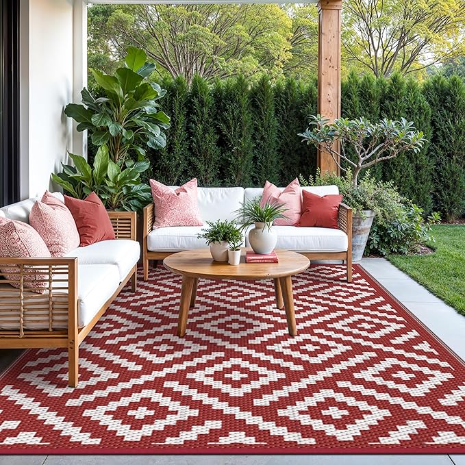 GENIMO Outdoor Rug for Patio Clearance, 6'x9' Reversible Plastic Straw Rugs, Lightweight Waterproof RV Camping Mat for Camper, Balcony, Deck, Backyard, Picnic, Red White