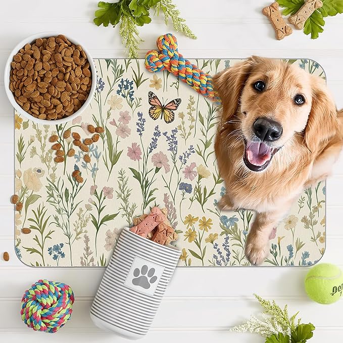 Wildflowers Dog Cat Food Mat,Vintage Botanical Garden Plants Herb Butterfly Absorbent Pet Feeding Mat for Food and Water,Non-Slip Dog Bowl Mats Floor Protector 16"x24"