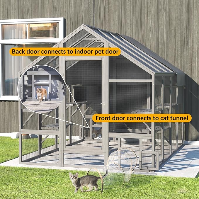 Cat Catio, Large Catio Outdoor Cat Enclosure for Multiple Cats with 7 Platforms, 2 Resting Box and 2 Bridges, Wooden Feral Cats Shelter with Waterproof and UV Proof Canopy, 71 x 71 x 97 inch