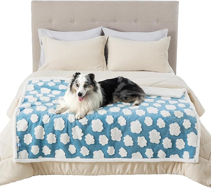LE SURE Waterproof Dog Blanket for Large Dogs - Washable Double Sided Dog Blankets with Warm Jacquard Shag and Soft Sherpa Fleece, Pet Cat Blanket for Bed Couch Protection, 3D Textured Cloud, Blue