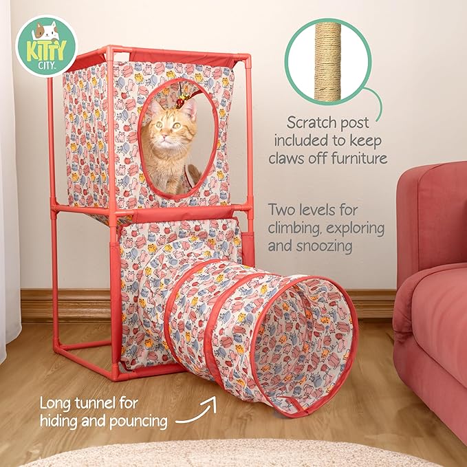 Kitty City Cozy Cube Retreat Cat Tower with Tunnel, Scratching Post & Hanging Toy, Dual-Level Indoor Cat Play Furniture for Climbing, Hiding & Lounging, Red