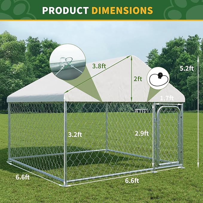 LotFun Large Outdoor Dog Kennel, 6.6 x 6.6 FT Heavy Duty Dog Enclosure with Chain Link Fence, UV-Resistant Canopy Cover, Double Lock Security (6 x 6 x 5 in)