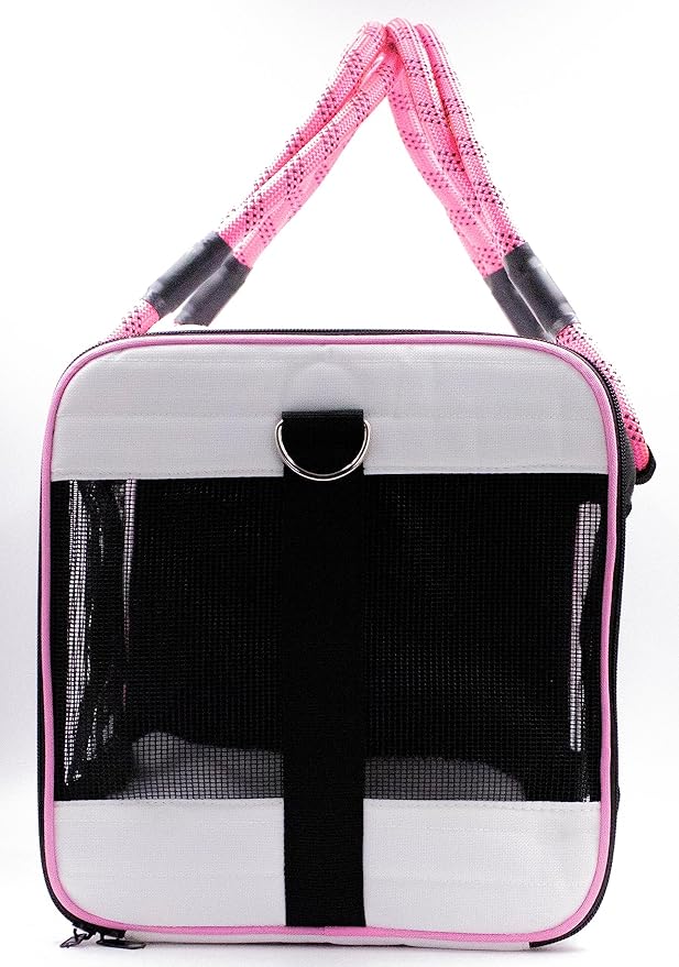Buddy's Best Airline Approved Pet Carrier – White & Pink Heavy Duty, Fits Under Seat, TSA Compliant, Ventilated Mesh Design w/Waterproof Base & Reflective Safety Strips