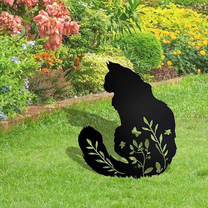 Maine Coon Cat Garden Stake - Elegant Black Cat Statue with Floral Design for Outdoor Decor, Pet Memorial Gifts, and Yard Art, Decorative Metal Cats Grave Markers for Lawn and Garden, Cats Lover Gifts
