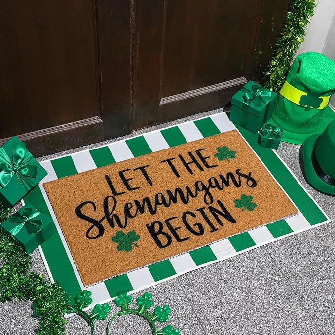 Tinideya 2 Pcs Irish Festival Door Mat Fest Welcome Non Slip Coir Mats Shenanigans Green White Stripe Floor Layering Doormats Seasonal for Front Porch Entryway Decor(Irish Festival)