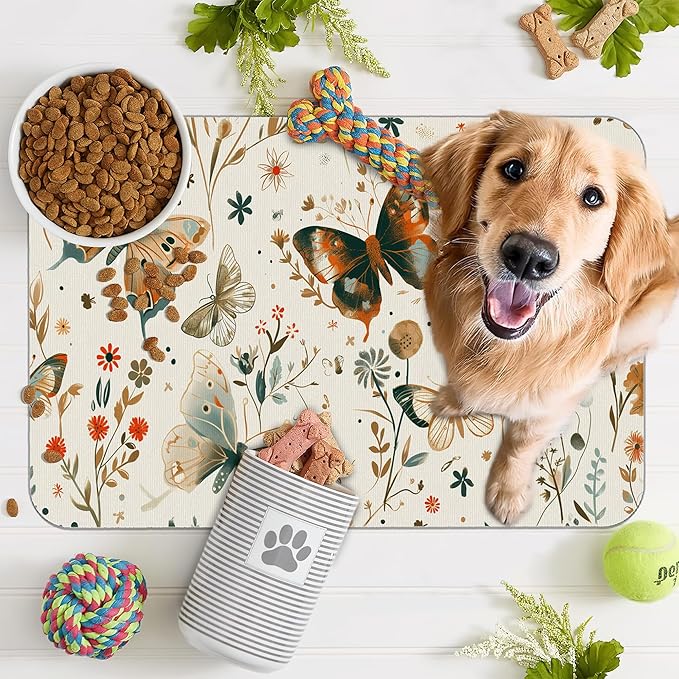 Butterfly Dog Food Mat for Floors,Boho Garden Vintage Absorbent Pet Food and Water Bowl Mats,Non-Slip Pet Feeding Mat,Pet Supplies 12" x 20"